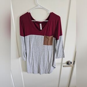 Zenana Premium 3/4 sleeve tee L 2-tone maroon or mustard with grey